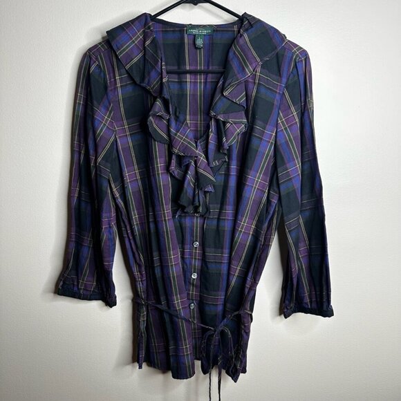 Lauren Ralph Lauren Button Up Blouse Sz L Purple Plaid Ruffle Preppy Academia - Picture 1 of 11